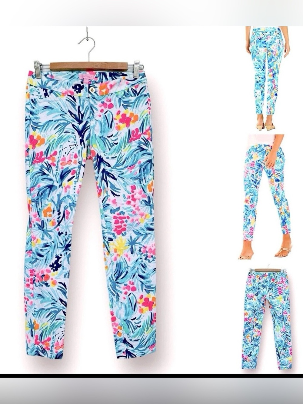 Lilly Pulitzer Neon Floral Palm Straight-Leg Pants in Blue & Multi